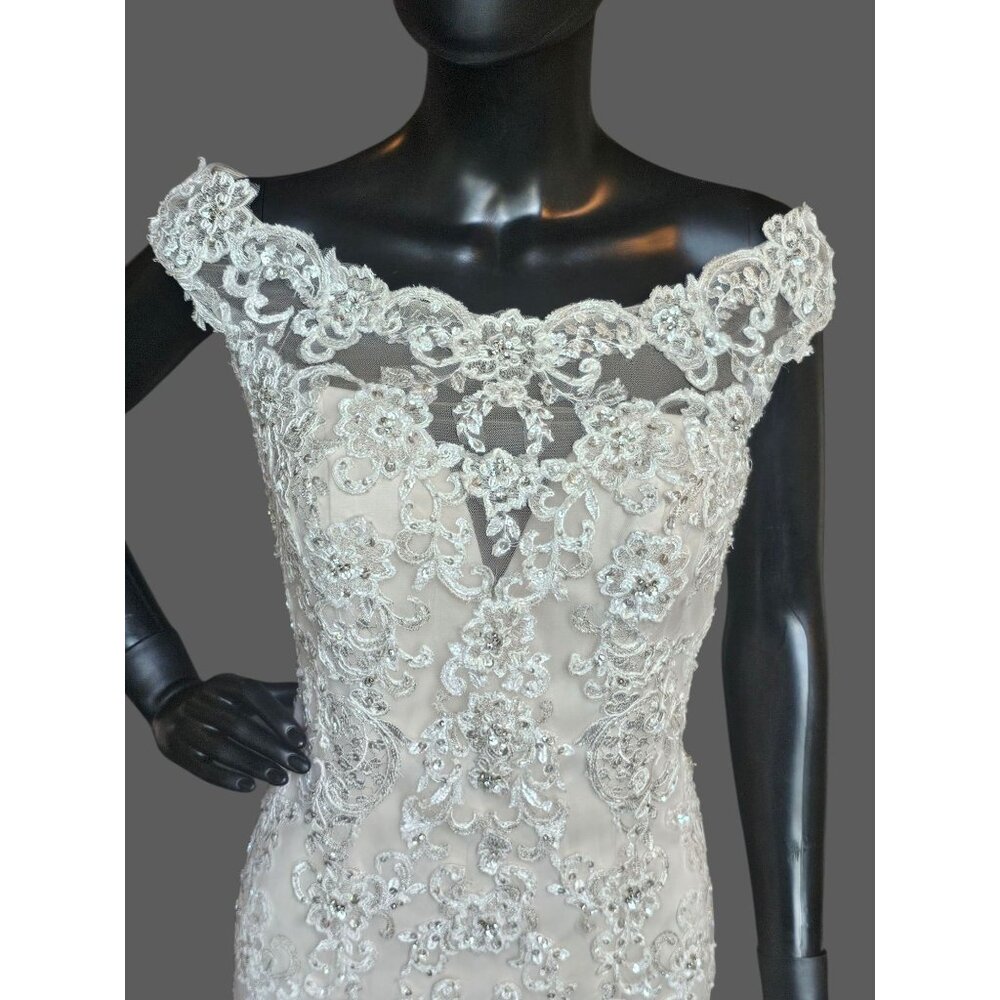 Ivory/Champagne Off Shoulder Fit and Flare Sparkle Illusion Wedding Gown - Picture 4 of 8